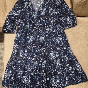Peasant Style Floral Navy Blue Dress